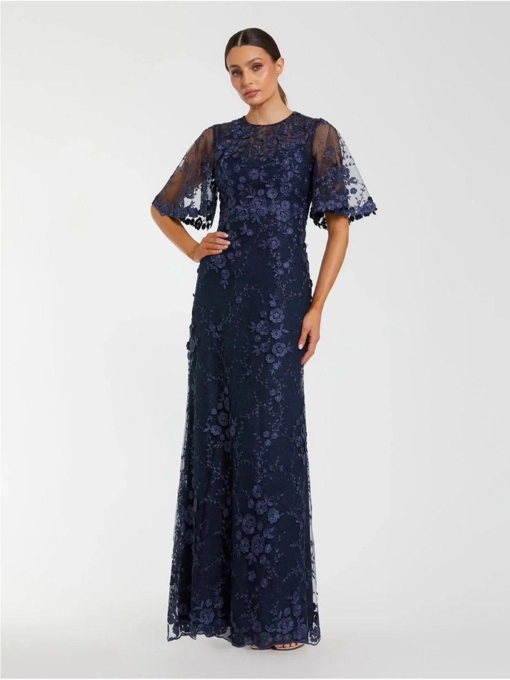 Mac Duggal 68810 Navy Flutter Sleeve Floral Embroidered Net Gown Sz 12